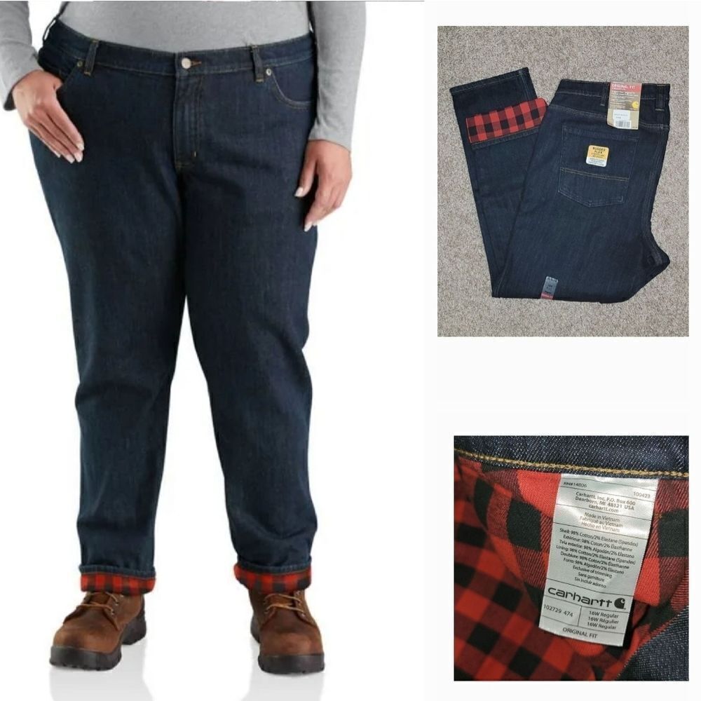 New Carhartt Rugged Flex Original Fit Flannel Lined Dark Denim Jean 16W Reg Plus